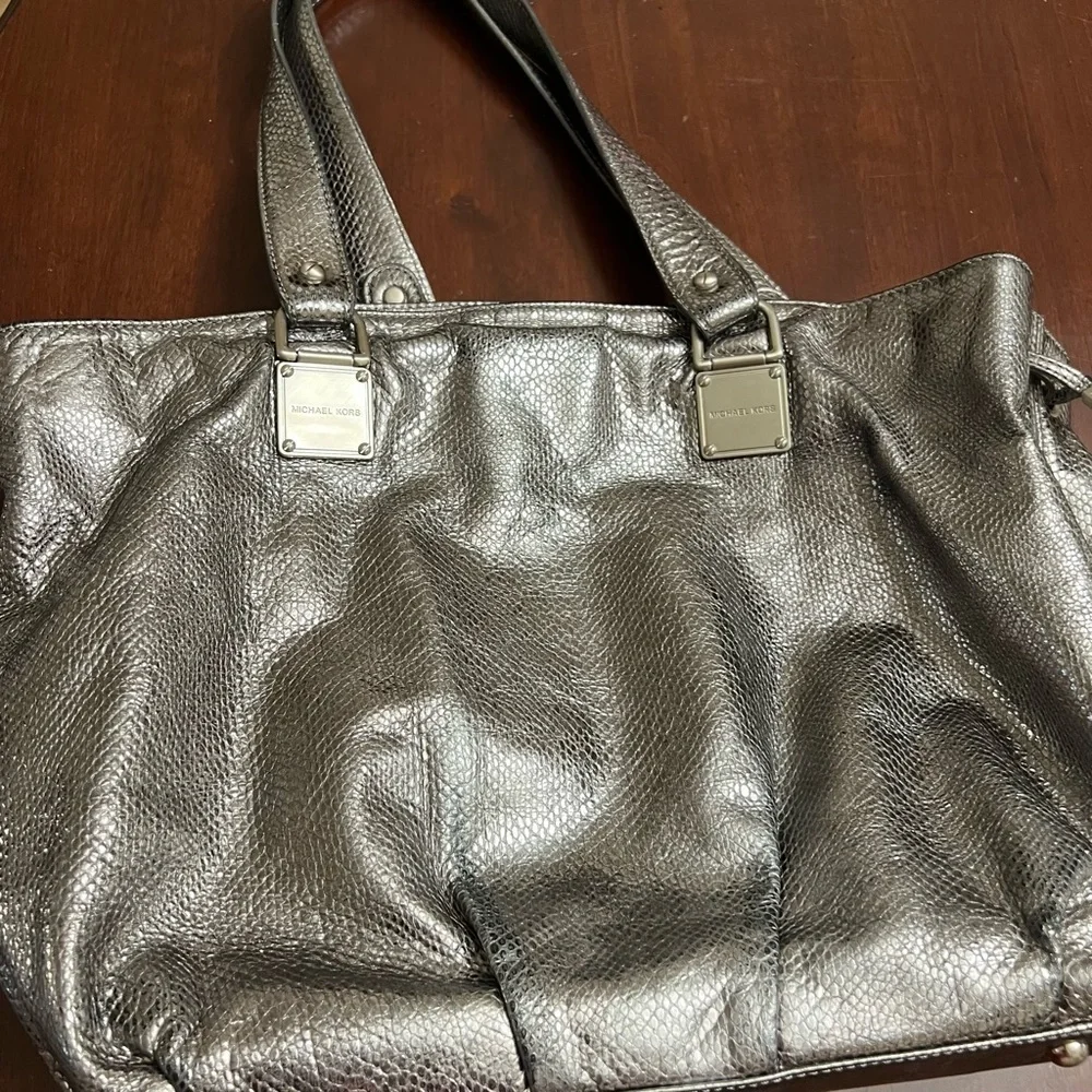 Michael Michael Kors Newbury satchel snake embossed  leather pewter silver